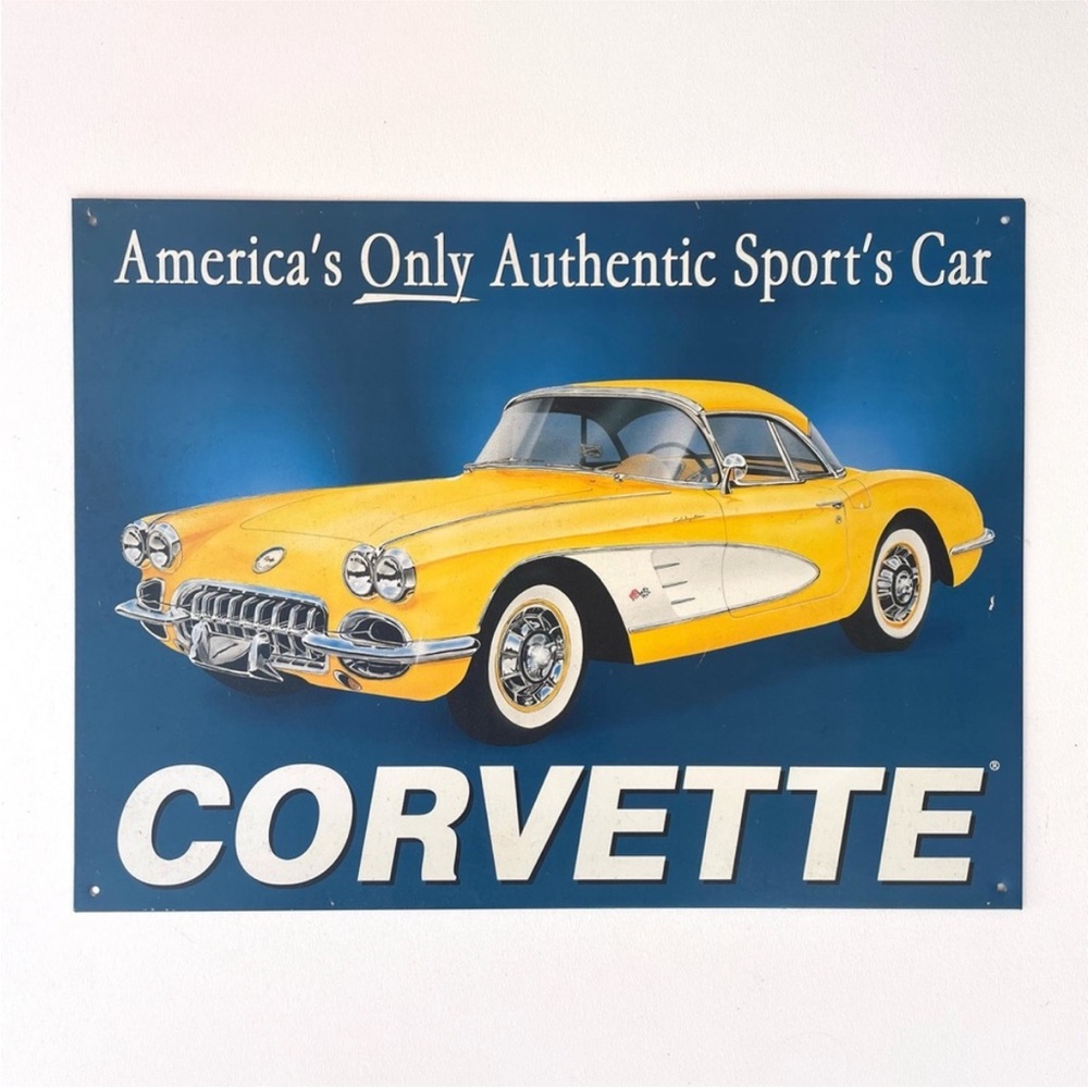 Vintage yellow Corvette metal sign 1958 Chevy Corvette Roadster sports car
